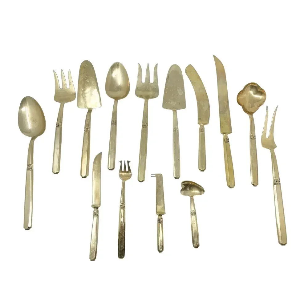 Vintage Gold Tone Brass Cutlery Serving Set 14 Pieces Matching Thai Brass MCM